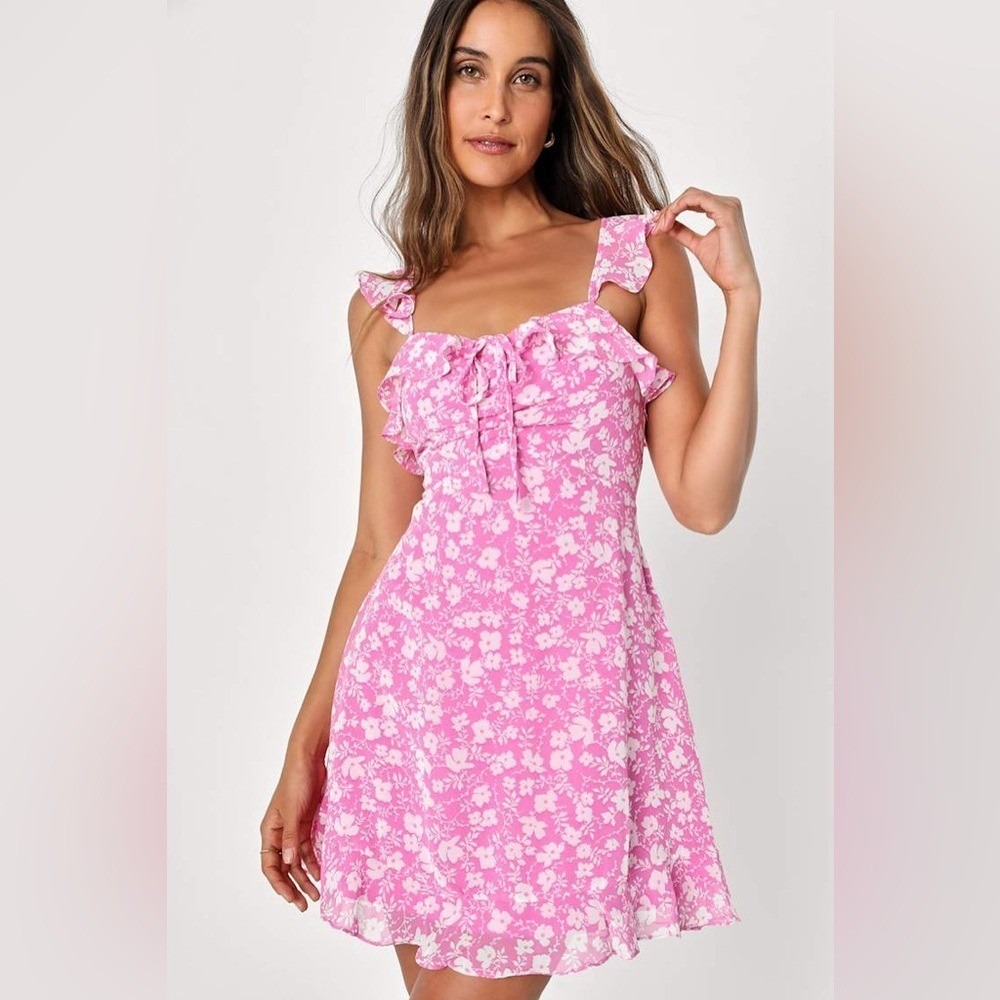 Lulus Sweeten the Occasion Pink Floral Print Ruffled Mini Dress Size M New